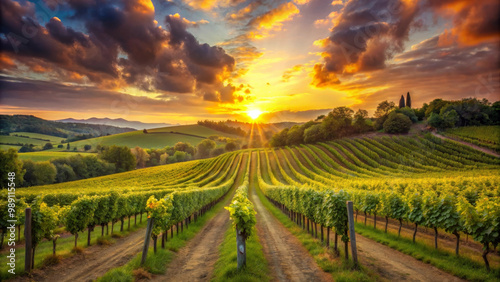 Wallpaper Mural Breathtaking vineyard at sunset, showcasing rows of lush grapevines under vibrant sky. warm colors evoke sense of tranquility and beauty in nature Torontodigital.ca