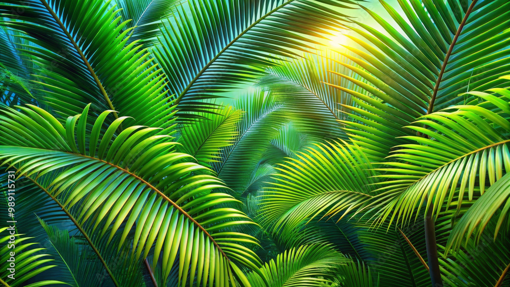 Lush palm tree leaves create vibrant tropical atmosphere, illuminated by warm sunlight filtering through foliage, evoking sense of tranquility and natural beauty Lush palm tree leaves create vibrant tropical atmosphere, illuminated by warm sunlight filtering through foliage, evoking sense of tranquility and natural beauty