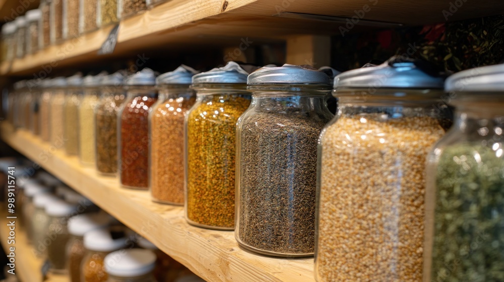 A shelf filled with jars of various spices and grains for culinary use. A shelf filled with jars of various spices and grains for culinary use.
