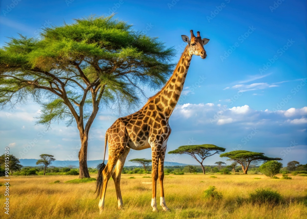 Fototapeta premium A majestic giraffe stands tall, its long neck and legs posing perfectly amidst a serene African savannah landscape with acacia trees and a clear blue sky.