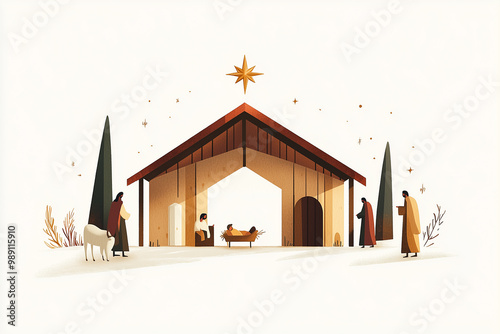 Nativity scene with central figures, animals
