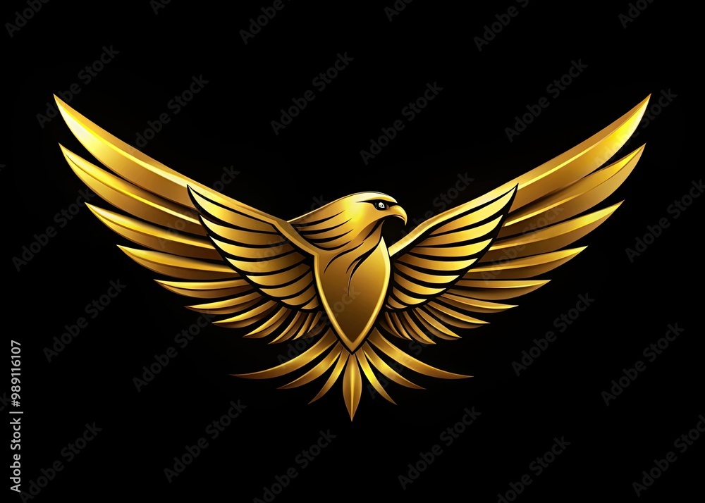 Obraz premium A majestic golden falcon in mid-flight, wings outstretched, forms the centerpiece of a modern, sleek logo design, conveying power, speed, and precision.