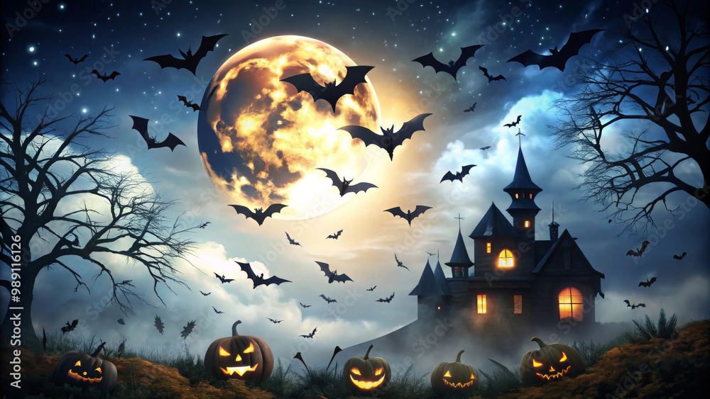 Fototapeta premium A spooky Halloween night scene features full moon illuminating haunted house surrounded by bats and carved pumpkins. atmosphere is eerie and enchanting, perfect for season