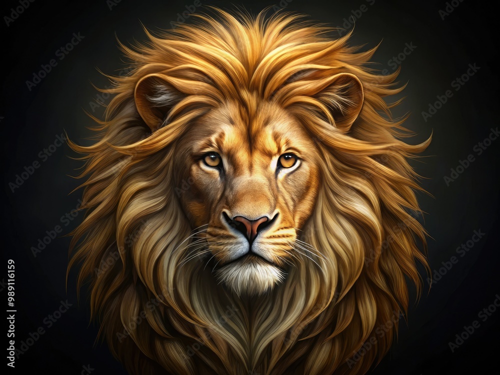 A majestic golden lion's head with a regal mane and powerful gaze, set against a contrasting dark background, perfect for logos and branding elements. A majestic golden lion's head with a regal mane and powerful gaze, set against a contrasting dark background, perfect for logos and branding elements.