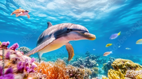 Playful Dolphin Swimming in Vibrant Coral Reef photo