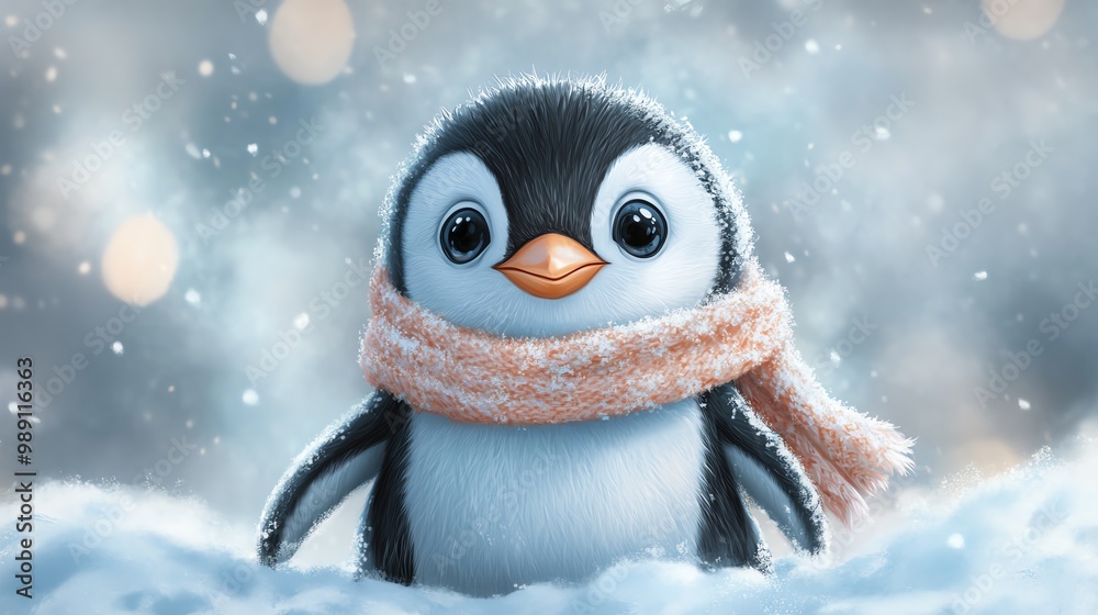 whimsical baby penguin wearing a cozy scarf Cartoonish style, simple lines, soft pastel colors Friendly and inviting whimsical baby penguin wearing a cozy scarf Cartoonish style, simple lines, soft pastel colors Friendly and inviting