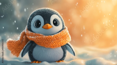 whimsical baby penguin wearing a cozy scarf Cartoonish style, simple lines, soft pastel colors Friendly and inviting