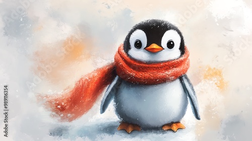 whimsical baby penguin wearing a cozy scarf Cartoonish style, simple lines, soft pastel colors Friendly and inviting photo