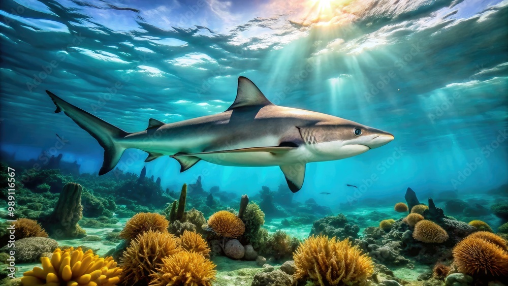Fototapeta premium A majestic grey reef shark swims horizontally, its powerful tail propelling it through crystal-clear turquoise waters, surrounded by subtle coral reef and seaweed.