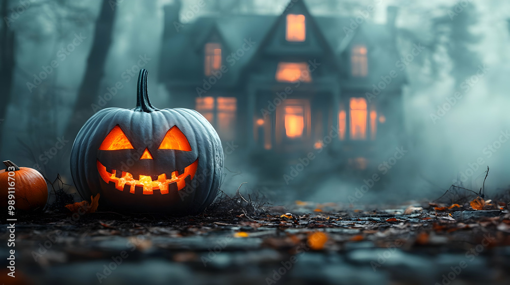 Spooky Jack-O'-Lantern Smiles in Foggy Forest with Mysterious House Spooky Jack-O'-Lantern Smiles in Foggy Forest with Mysterious House