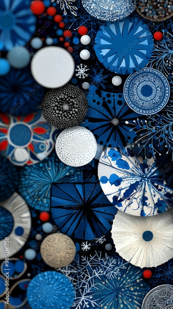 Abstract Blue and White Geometric Pattern with Snowflakes Abstract Blue and White Geometric Pattern with Snowflakes