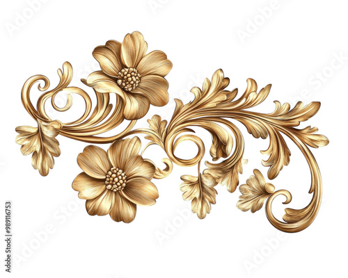 A gold leafy design with a flower in the center. The flower is surrounded by leaves and the design is very detailed