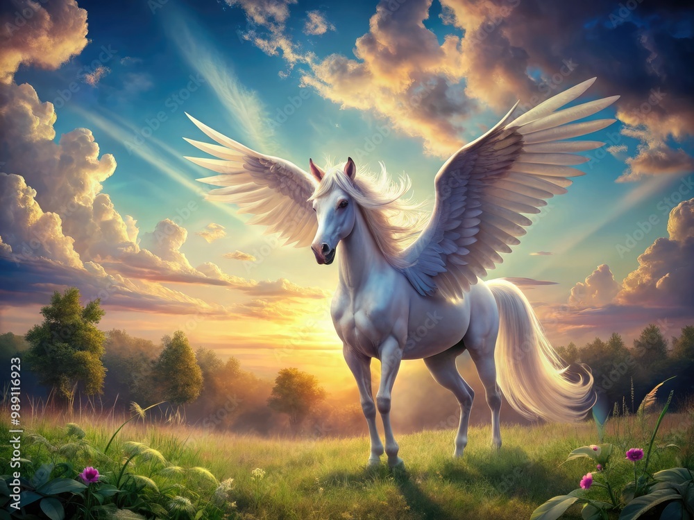 A majestic, lifelike unicorn with a shimmering coat and delicate wings stands in a lush, vibrant meadow, surrounded by soft, feathery clouds and warm sunlight. A majestic, lifelike unicorn with a shimmering coat and delicate wings stands in a lush, vibrant meadow, surrounded by soft, feathery clouds and warm sunlight.