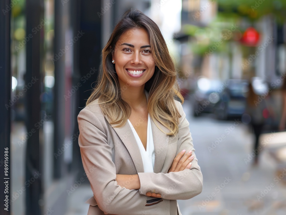 A smiling woman in a business suit stands confidently on a city street. A smiling woman in a business suit stands confidently on a city street.