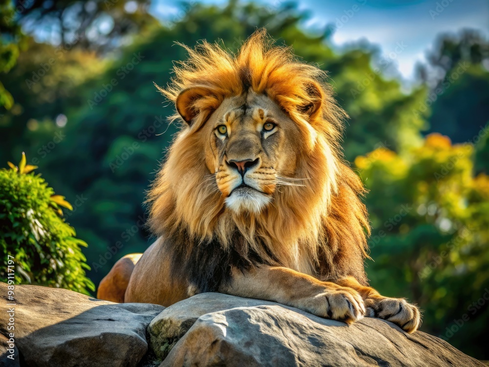 A majestic male African lion with a shaggy mane and piercing gaze lounges in the sun on a rocky outcropping in a naturalistic zoo habitat. A majestic male African lion with a shaggy mane and piercing gaze lounges in the sun on a rocky outcropping in a naturalistic zoo habitat.