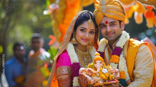Beautiful young Indian man and woman couple celebrating lord Ganesha festival