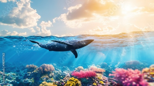 Majestic Whale Swimming Over Vibrant Coral Reef photo