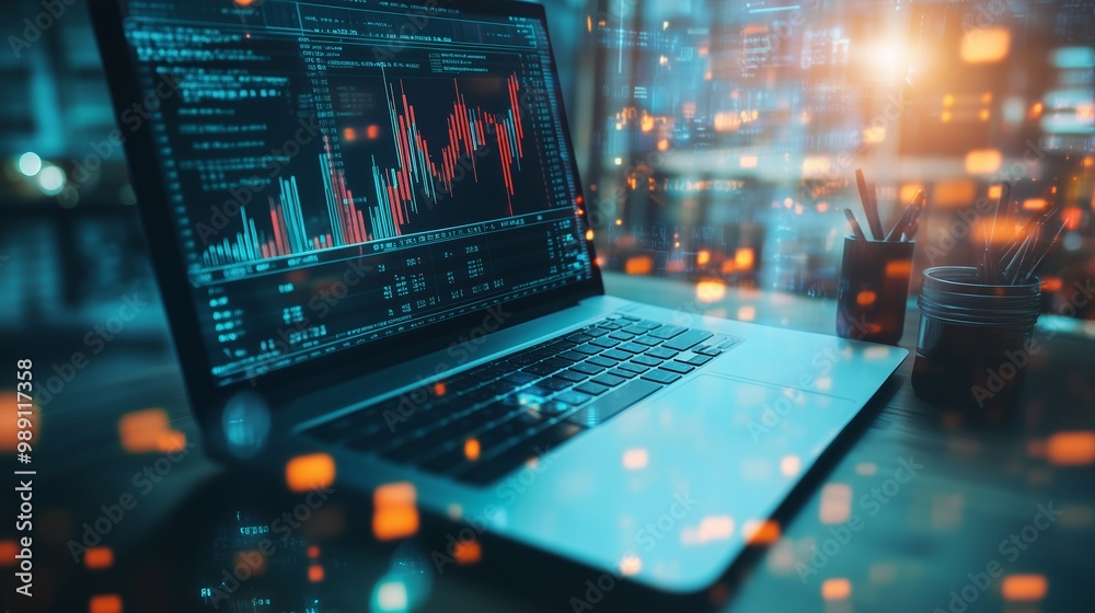 Electronic trading laptop displaying market trends and analytics in a modern workspace during the evening hours Electronic trading laptop displaying market trends and analytics in a modern workspace during the evening hours