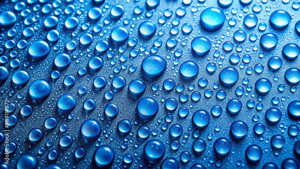 Water drops create mesmerizing pattern on blue background, showcasing beauty of natures elements. vibrant blue enhances clarity and freshness of droplets
