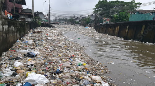 Thousands of cubic meters of garbage are stuck in the sluice, brought by the flow of water due to heavy rainfall. photo