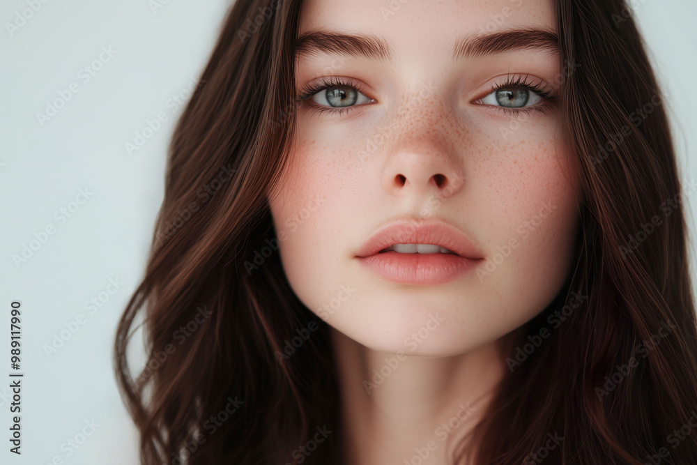 Brunette Woman with Long Hair in Skincare Editorial Shoot - White Background Brunette Woman with Long Hair in Skincare Editorial Shoot - White Background