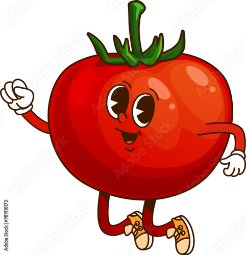 Cartoon groovy tomato thanksgiving character. Isolated vector cheerful ripe and red tomato vegetable, healthy food personage joyfully dancing, showcasing playful and funny expression with retro vibe