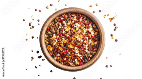 Bowl of black and red peppercorns with a variety of spices in a closeup, highlighting their aromatic flavors and colors