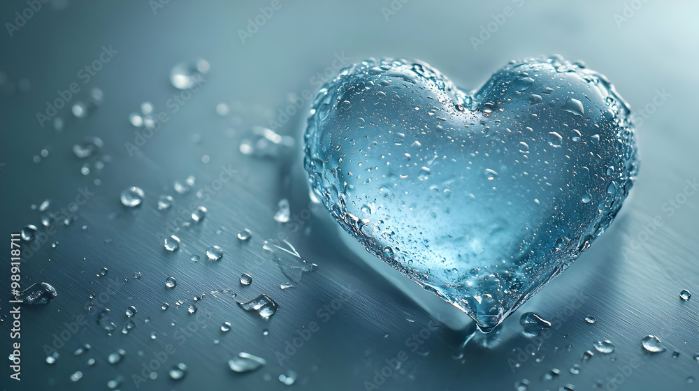 Water Droplets on a Heart-Shaped Object, Macro Photography, Blue Background Water Droplets on a Heart-Shaped Object, Macro Photography, Blue Background