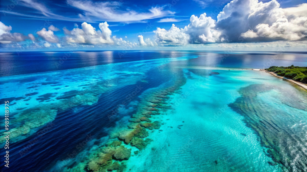 Obraz premium Aerial view of stunning blue sea surface, showcasing vibrant turquoise waters and coral reefs under bright sky filled with fluffy clouds. serene landscape evokes sense of tranquility and beauty