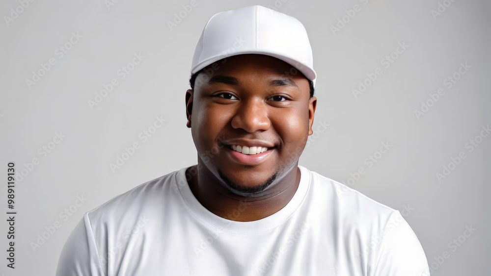 Plus size young black man wearing white t-shirt and white baseball cap isolated on grey background