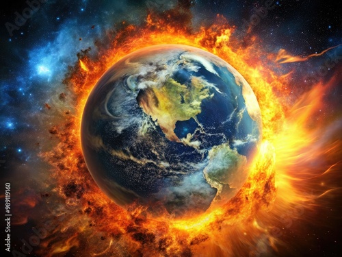 A massive, fiery explosion engulfs the globe, sending debris and flames soaring into the atmosphere as the planet disintegrates in a catastrophic, apocalyptic blast. photo