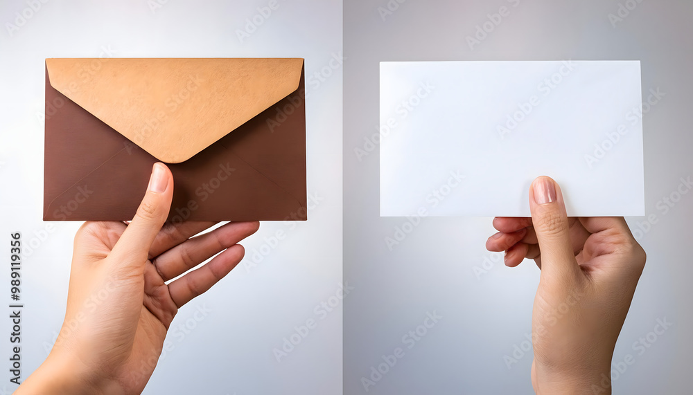 Collection set of hand holding brown and white blank envelope and card on transparent Collection set of hand holding brown and white blank envelope and card on transparent
