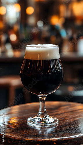 Dark craft beer with foam in glass served on round table in bar 