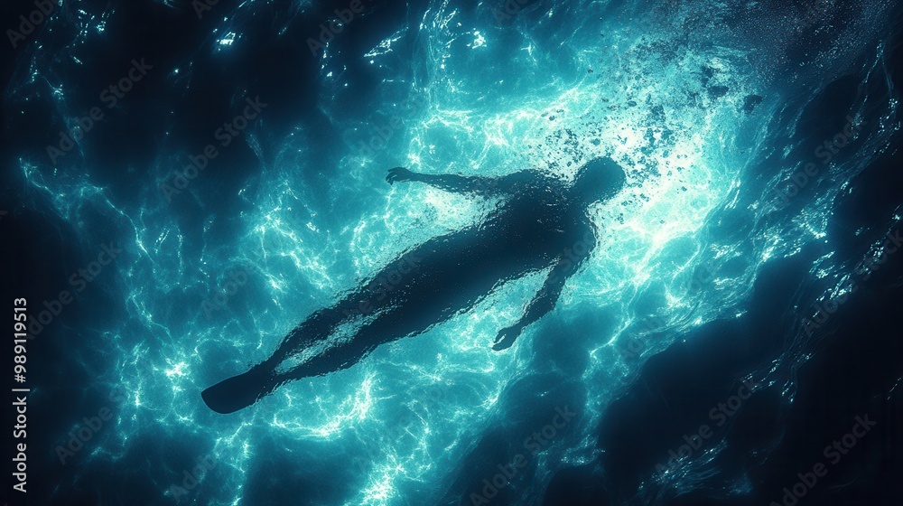 Fototapeta premium An underwater silhouette of a swimmer seen from below They are swimming through the glimmering blue light of the ocean creating a serene ethereal effect on the water surface