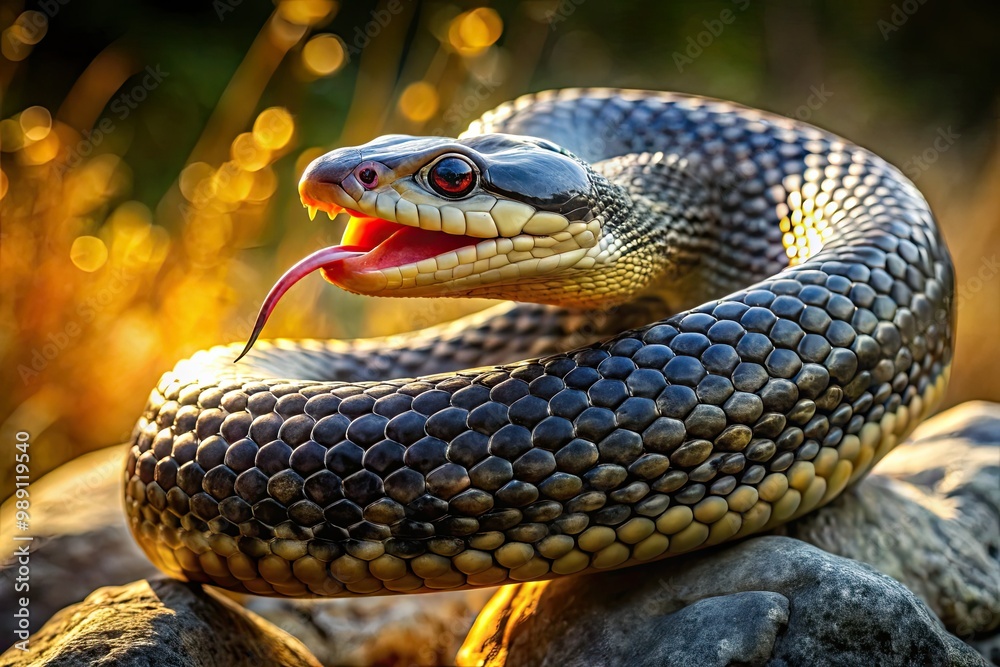 Fototapeta premium A menacing serpent coils on a rock, its scaly body glistening in the sunlight, with piercing eyes and a forked tongue, evoking a sense of eerie intensity.