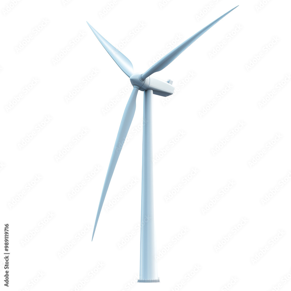 Wind turbine on white isolated background, symbolizing renewable energy. transparent background