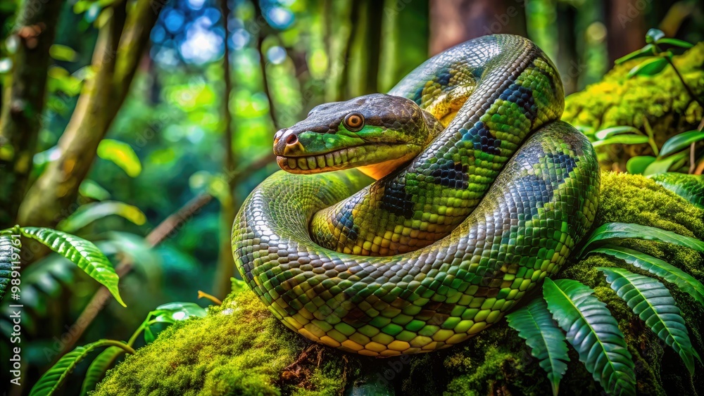 A mesmerizing close-up of a vibrant green anaconda coiled around a moss-covered tree branch, surrounded by lush tropical foliage in a dense jungle environment. A mesmerizing close-up of a vibrant green anaconda coiled around a moss-covered tree branch, surrounded by lush tropical foliage in a dense jungle environment.