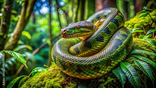 A mesmerizing close-up of a vibrant green anaconda coiled around a moss-covered tree branch, surrounded by lush tropical foliage in a dense jungle environment.