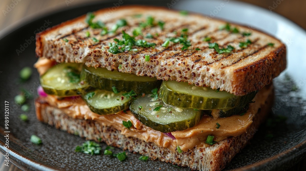 Grilled sandwich with peanut butter and pickles on whole grain bread. Grilled sandwich with peanut butter and pickles on whole grain bread.