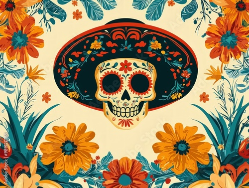 A colorful, decorative sugar skull surrounded by vibrant flowers, capturing the essence of Día de los Muertos with intricate patterns and rich colors.