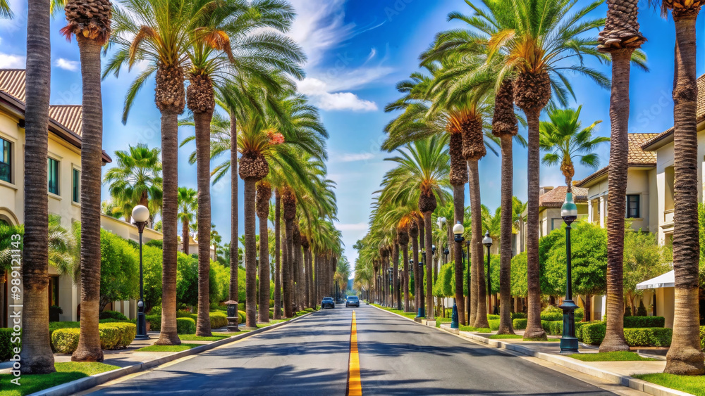 A picturesque palm tree lined luxury street showcases vibrant greenery and clear blue sky, creating serene and inviting atmosphere