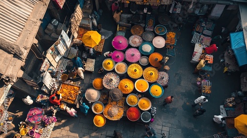 Vibrant Market Scene with Colorful Bowls of Flowers photo