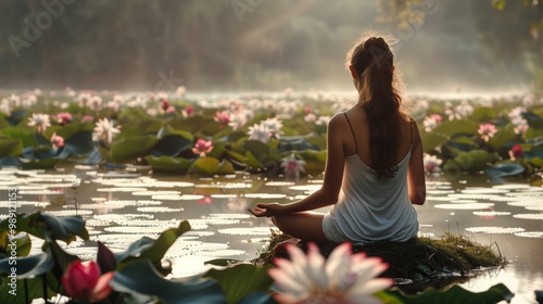 a view from the back of a girl in a white dress in a yoga pose by a lake with pink lilies at sunrise sunset, lilies on the surface of the water photo