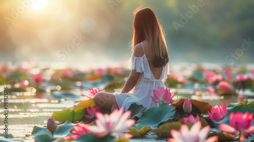 a view from the back of a girl in a white dress in a yoga pose by a lake with pink lilies at sunrise sunset, lilies on the surface of the water photo