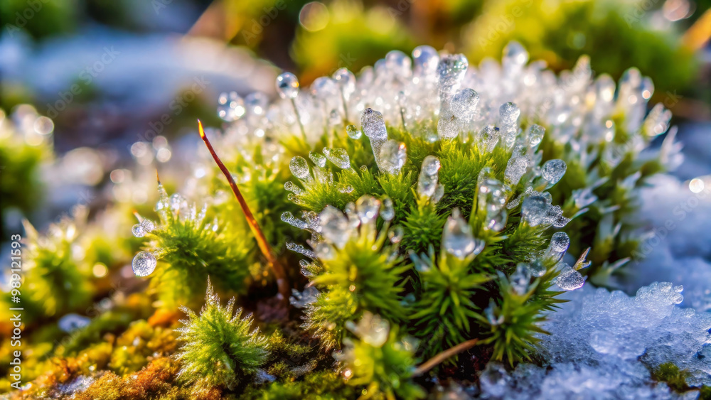 Obraz premium Lush green moss adorned with sparkling ice crystals creates stunning winter scene, showcasing natures beauty and resilience. delicate droplets glisten in sunlight, enhancing serene atmosphere