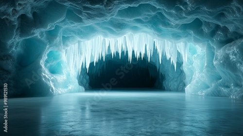 Ice cave interior with icicles photo