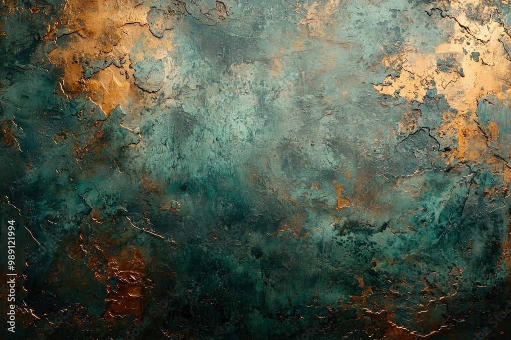 Abstract Texture of Cracked and Chipped Metallic Surface with Green and Gold Hues Abstract Texture of Cracked and Chipped Metallic Surface with Green and Gold Hues