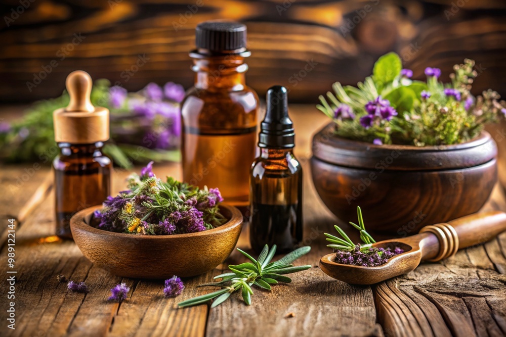 Natural essential oils and vibrant fresh herbs placed in wooden bowls and bottles on a rustic wooden table Aromatherapy and holistic wellness Natural essential oils and vibrant fresh herbs placed in wooden bowls and bottles on a rustic wooden table Aromatherapy and holistic wellness