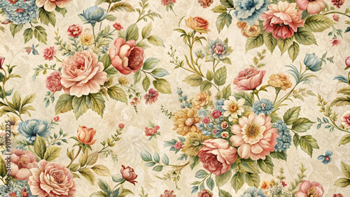 Vintage wallpaper with flowers features beautiful arrangement of roses and other blossoms in soft pastel colors. This design evokes sense of nostalgia and charm, perfect for adding touch of elegance t