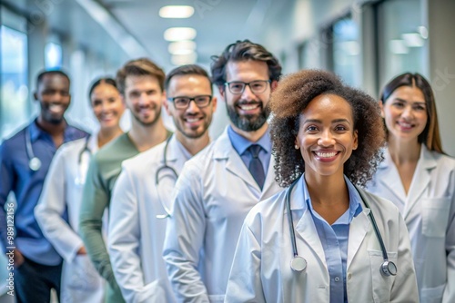Diverse group of healthcare professionals smiling in a hospital corridor promoting unity and teamwork in the medical field reflecting ethnic diversity and collaboration
